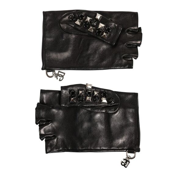 Dolce & Gabbana Black Leather Studded Fingerless Hand Mitten Men Men's Gloves